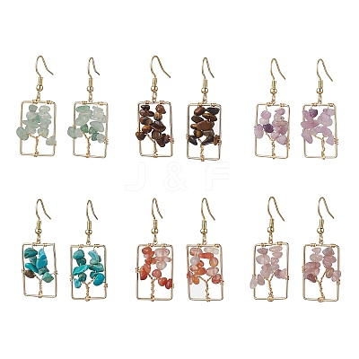 Dyed Natural Mixed Gemstone Chips Tree Dangle Earrings EJEW-JE05734-1