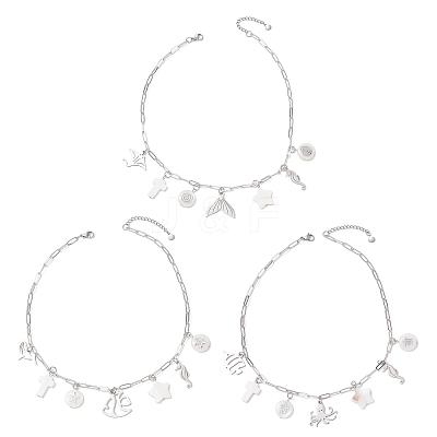 3Pcs 3 Styles Alloy Fish Tail Octopus & Natural White Shell Pendant Brass Paperclip Chain Necklaces for Women NJEW-JN05406-1