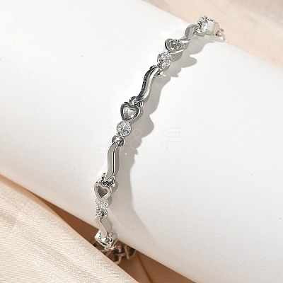 Brass Micro Pave Clear Cubic Zirconia Heart & Twist Link Chain Bracelets for Women BJEW-G764-06P-1