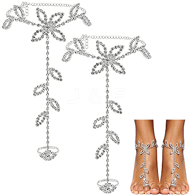 Brass Rhinestone Link Chain Finger Ring Bracelets for Women AJEW-WH20121-31-1