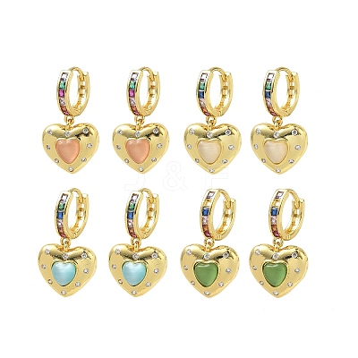 Brass Micro Pave Cubic Zirconia and Cat Eye Beads Heart Hoop Dangle Earrings KK-CBAD9DF-01G-1