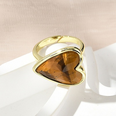Heart Brass Natural Tiger Eye Finger Rings RJEW-D304-01G-D-1