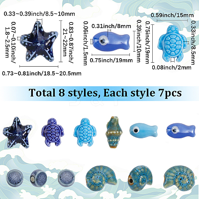 56Pcs 8 Styles Glazed Porcelain Beads PORC-SC0001-37-1