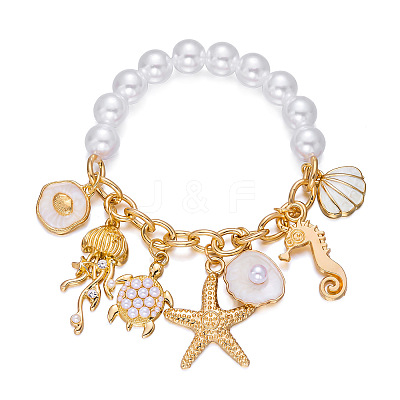 Ocean Alloy Enamel Starfish Shell Shape Multi Charm Round Plastic Beaded Stretch Bracelets for Women WG120C7-01-1
