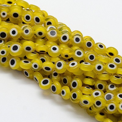 Handmade Evil Eye Lampwork Flat Round Bead Strands X-LAMP-L058-6mm-01-1