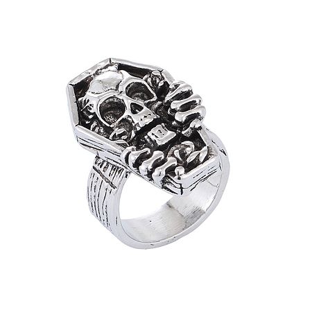 Tibetan Style Alloy Coffin with Skull Finger Rings PW-WG44667-03-1