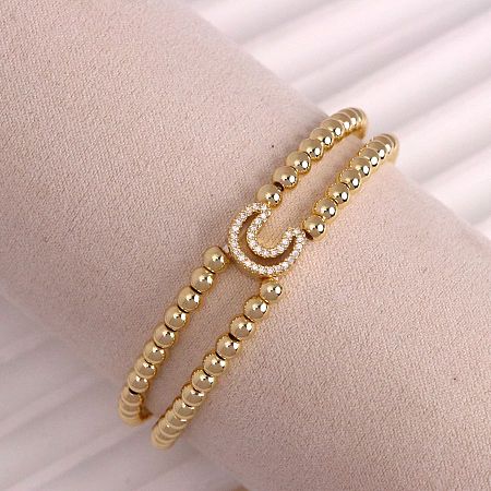 Brass Micro Pave Clear Cubic Zirconia Beads Double Strands Stretch Bracelets for Women FS-WGC7159-03-1