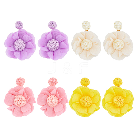 4 Pairs 4 Colors Bohemian Style Raffia Flower Dangle Stud Earrings with Iron Pins EJEW-FI0002-26-1