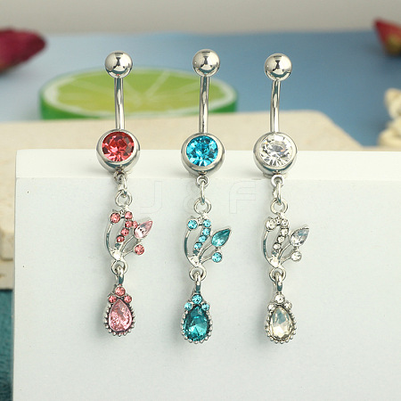 304 Stainless Steel Cubic Zirconia Teardrop Dangle Belly Rings WG60E11-02-1