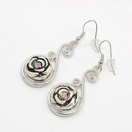 Rose Eco-Friendly Zinc Alloy Rhinestone Snap Button Dangle Earrings EJEW-M021-01-1