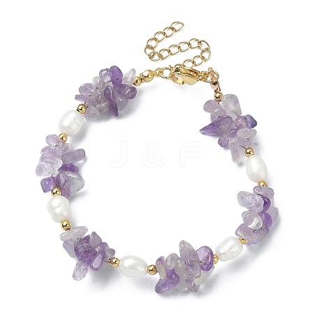 Natural Amethyst Chips & Pearl Beaded Bracelet BJEW-TA00349-02-1