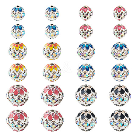 24Pcs 3 Styles Round Brass Rhinestone Beads KK-TA0003-25-1