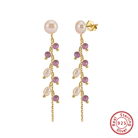 Natural Lepidolite & Natural Freshwater Pearl & 925 Sterling Silver Leaf Dangle Stud Earrings for Women EJEW-G412-02G-1