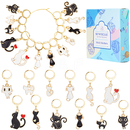 24Pcs 12 Styles Cat Alloy Enamel Pendant Locking Stitch Markers HJEW-SC00112-1
