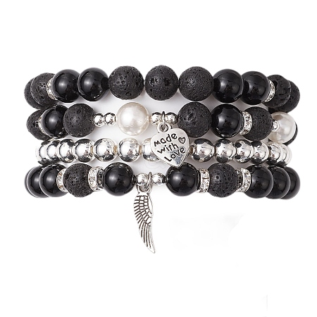 Natural Obsidian and Natural Lava Rock Bracelets Set for Women Men BJEW-JB11097-1