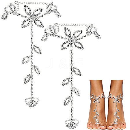 Brass Rhinestone Link Chain Finger Ring Bracelets for Women AJEW-WH20121-31-1