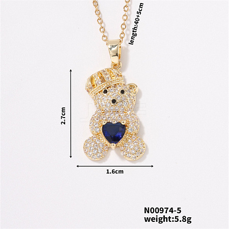 Brass Pave Clear Cubic Zirconia Cable Chain Bear Pendant Necklaces for Women NQ1992-5-1