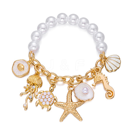 Ocean Alloy Enamel Starfish Shell Shape Multi Charm Round Plastic Beaded Stretch Bracelets for Women WG120C7-01-1