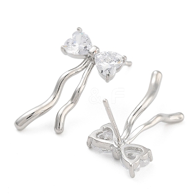 Bowknot Brass Pave Clear Cubic Zirconia Stud Earrings for Women EJEW-S216-02B-P-1