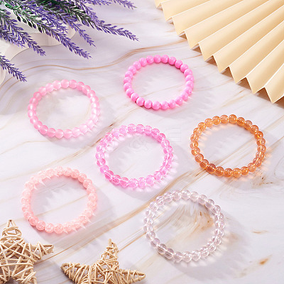 6Pcs 6 Styles 8mm Glass Round Beaded Stretch Bracelet Sets BJEW-TAC0023-1