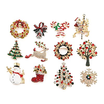 Christmas Brooch Cane Reindeer Snowflake Snowman Wreath Bell Boot Pin Corsage. ST8676633-1