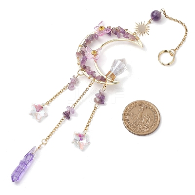 Wire Wrapped Natural Amethyst Chips Moon Hanging Ornaments HJEW-JM02621-02-1