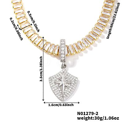 Fashionable Rock Hip-hop Style Brass Pave Clear Cubic Zirconia Shield with Star Pendant Tennis Necklaces for Men VV4192-2-1
