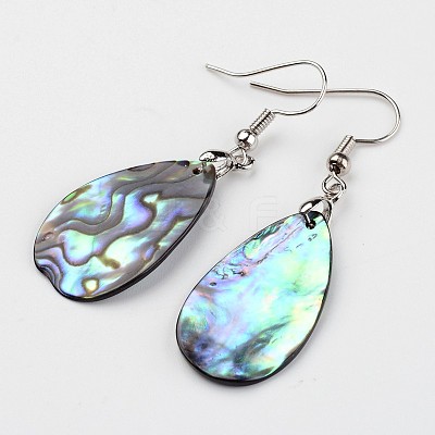 Teardrop Platinum Tone Brass Natural Paua Shell Dangle Earrings EJEW-M060-02-01-1
