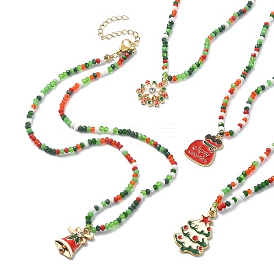 Christmas Theme Alloy Enamel Pendant Necklace with Glass Beaded Chains NJEW-JN04338-1