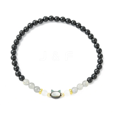 2Pcs Natural Selenite & Labradorite & Black Tourmaline & Shell Beaded Stretch Bracelets BJEW-JB13830-1