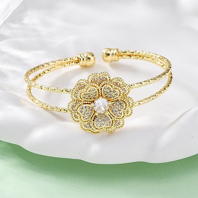 Brass Micro Pave Clear Cubic Zirconia Cuff Bangles for Women BJEW-U025-08G-1