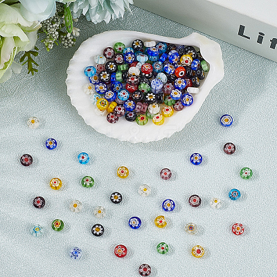 3 Strands Flat Round Handmade Millefiori Glass Beads Strands LAMP-LT0001-15A-1