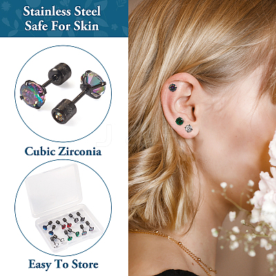 12Pcs 6 Colors Cubic Zirconia Diamond Stud Earrings EJEW-TA0001-09-1