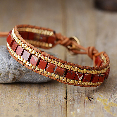 Dyed Natural Imperial Jasper & Cowhide Leather Beaded Braided Bead Bracelets FS-WGEDC06-04-1