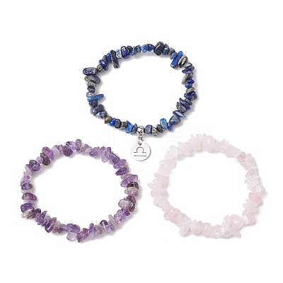3Pcs 3 Styles Natural Rose Quartz & Amethyst & Lapis Lazuli Chips Stretch Bracelets Sets BJEW-JB11076-09-1