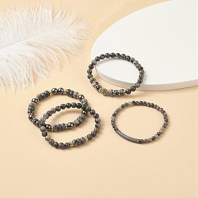 4Pcs 4 Style Natural Larvikite & Synthetic Hematite Stretch Bracelets Set with Cubic Zirconia Column Beaded BJEW-JB08830-1