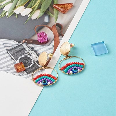Ring with Evil Dangle Stud Earrings EJEW-JE04717-1