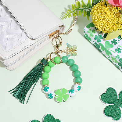 1Pc Butterfly with Clover Silicone & Imitation Leather Tassel Keychains HJEW-BM0001-89-1
