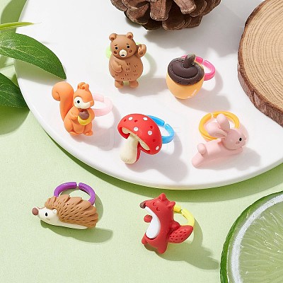 7Pcs 7 Style 3D Animals Resin Open Cuff Rings Set for Kids RJEW-JR00651-1