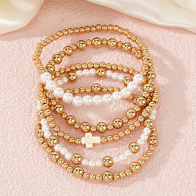 Imitation Pearl & Acrylic Round Beaded Stretch Bracelet Sets KE7812-1