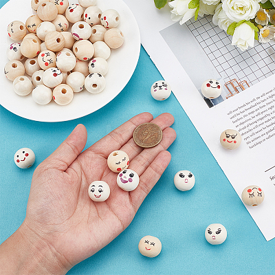 50Pcs 10 Styles Printed Wood European Beads WOOD-UN0001-22B-1