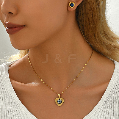 Vintage 201 Stainless Steel & Plastic Heart with Evil Eye Stud Earrings & Pendant Necklaces Set for Women JC7248-1
