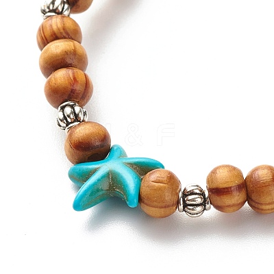 Starfish Synthetic Turquoise Beads & Round Natural Wood Beads Stretch Bracelet BJEW-JB07270-1