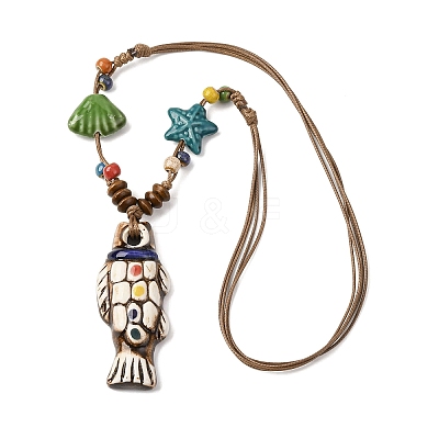 Ceramic Fish Pendant Adjustable Waxed Cord Necklaces for Women NJEW-B146-05-1