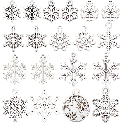 SUNNYCLUE 1 Box 120pcs 12 Style Christmas Tibetan Style Charms Winter Theme Snowflake Pendants Antique Silver Snowman Pendants