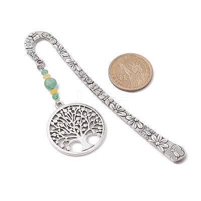 Natural Malaysia Jade & Green Aventurine Beaded Pendant Bookmarks with Alloy Tree of Life AJEW-JK00255-04-1