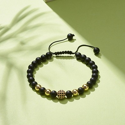 Natural Obsidian & Synthetic Hematite Braided Bead Bracelet with Cubic Zirconia BJEW-JB08117-02-1