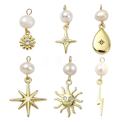 6Pcs 6 Styles Brass & Natural Pearl Flower Star Sun Pendants KK-CJ0002-77-1