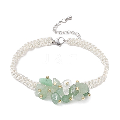 Handmade Glass Seed Beaded & Natural Green Aventurine Chips Beaded Bracelets for Women BJEW-MZ00225-02-1