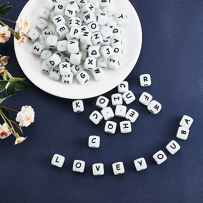 20Pcs Luminous Cube Letter Silicone Beads 12x12x12mm Square Dice Alphabet Beads with 2mm Hole Spacer Loose Letter Beads for Bracelet Necklace Jewelry Making JX437L-1